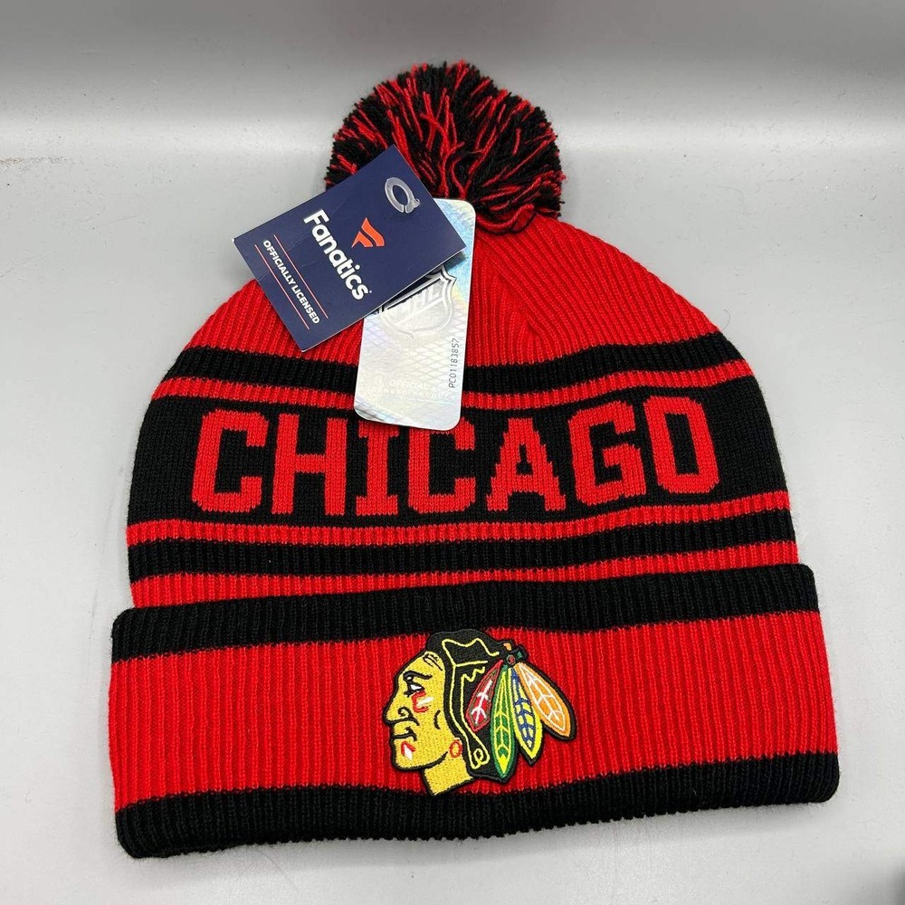 Chicago Blackhawks NHL Hat Men Red Black Fanatics Cuffed Beanie Pom Pom Cap New
